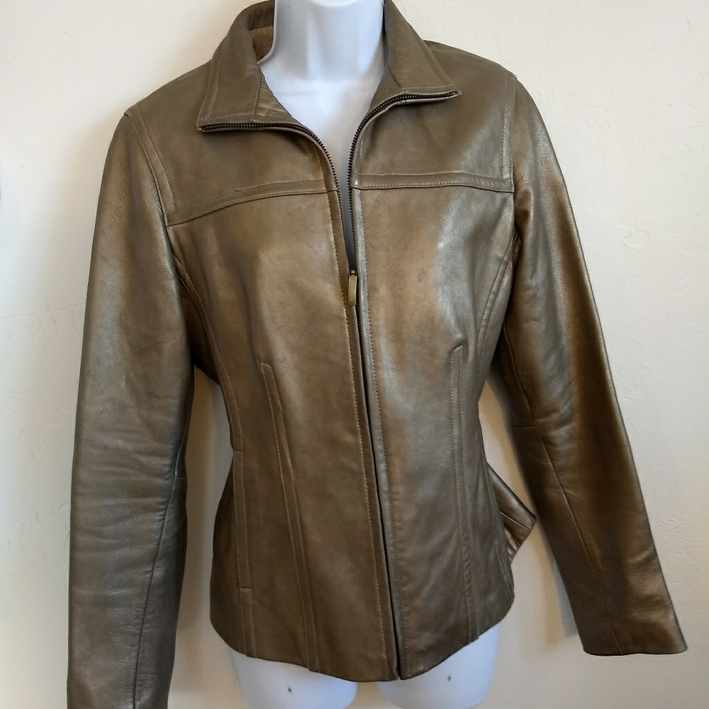 Jones NY Metallic Bronze Leather Moto Jacket M